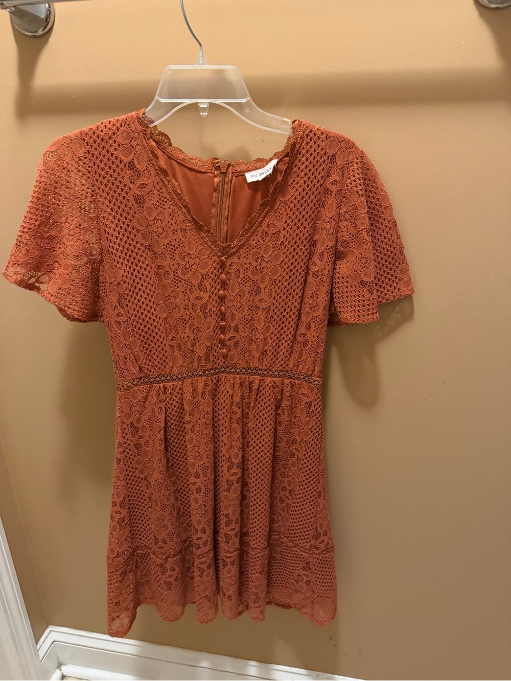 Blu Pepper Rust Lace Mini Dress with Flutter Sleeves